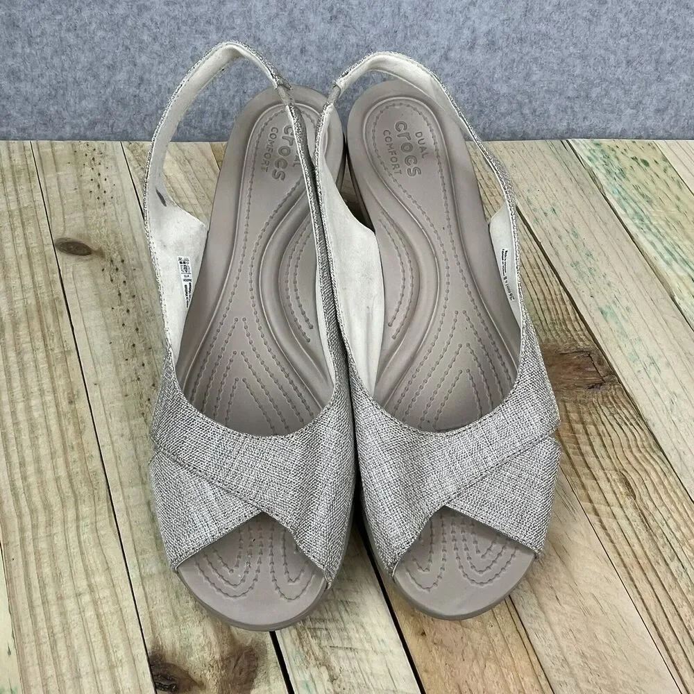 Crocs Leigh Ann Slingback Wedge Heels Womens Sz 10 Beige Fabric Sandals 205261